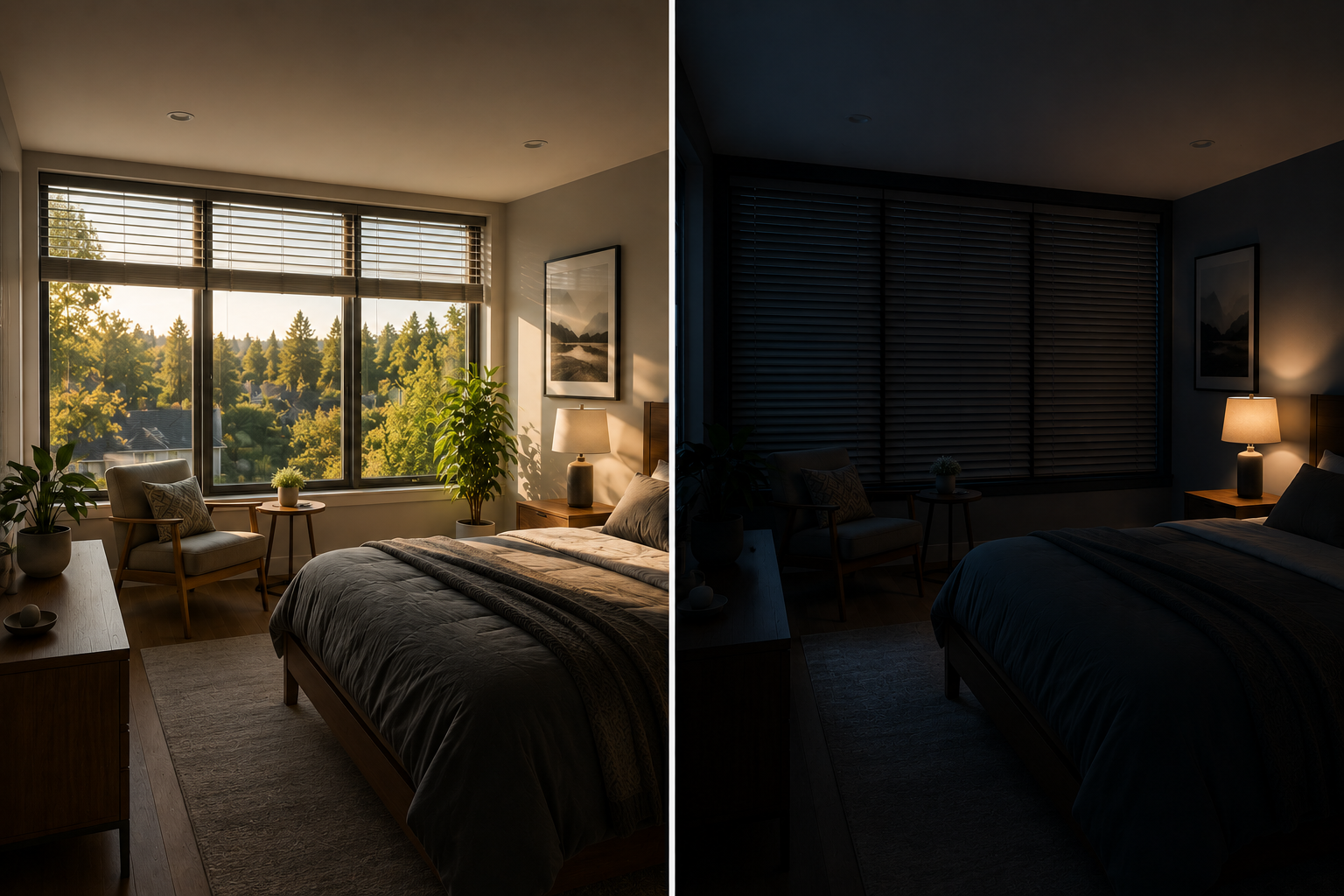 Motorized blinds opening in the morning
