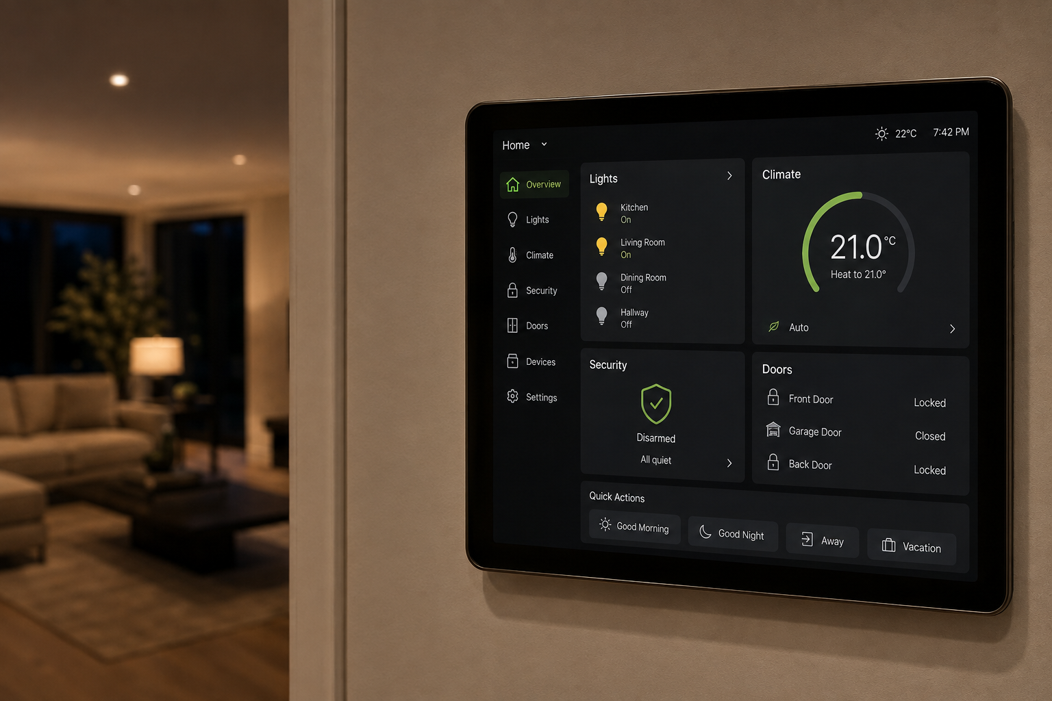 Smart home dashboard on wall and phone