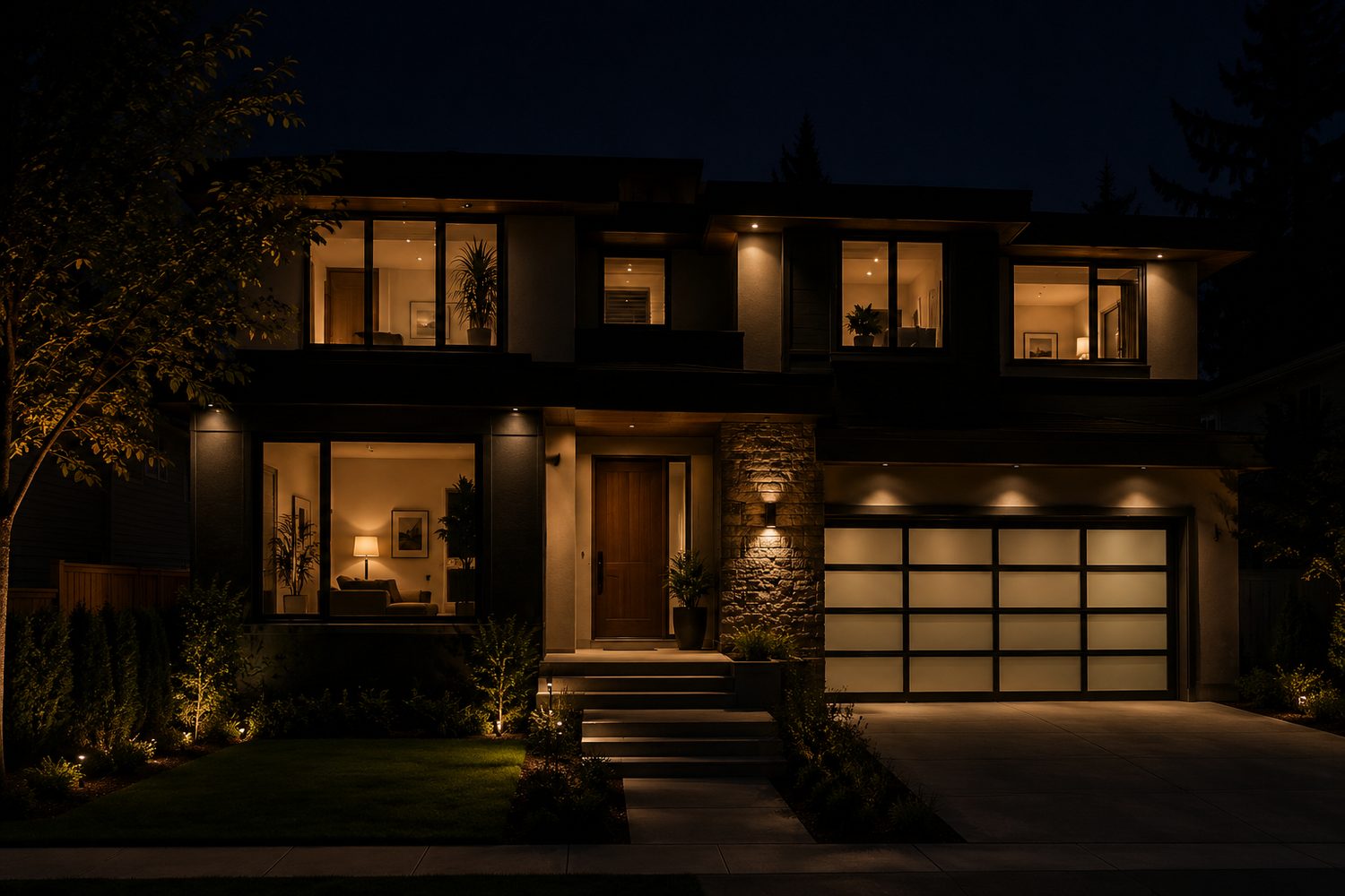 Modern home with warm smart lighting at night