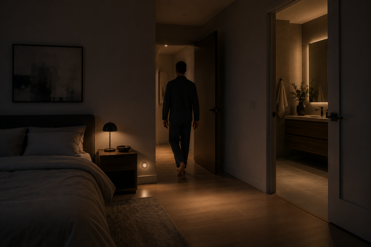 Soft dim hallway light at night